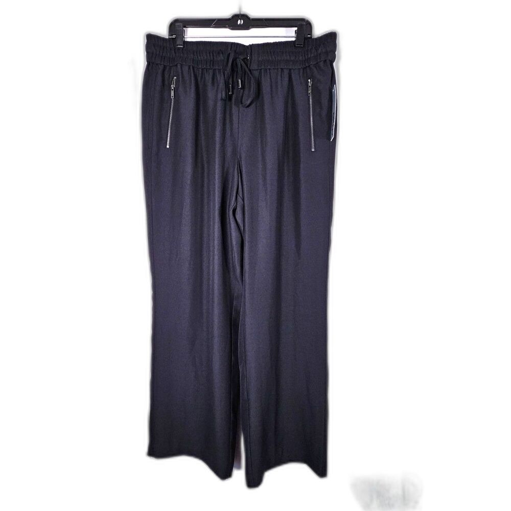 DKNY High Rise Wide Leg Track Pants Black Zipper Pockets Elastic Waist XL